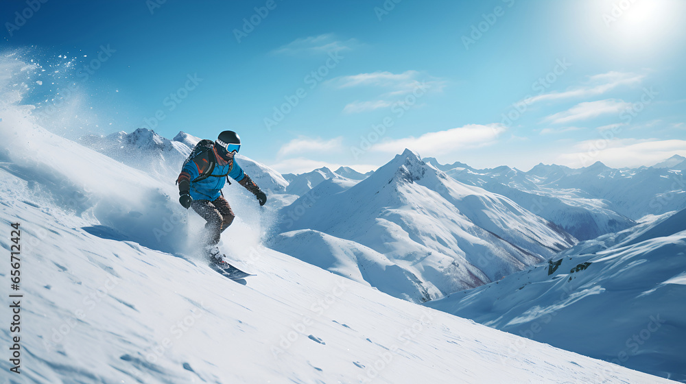 Snowboarder rides down the slope in winter, snowboarder on snowboard on snowy mountains.