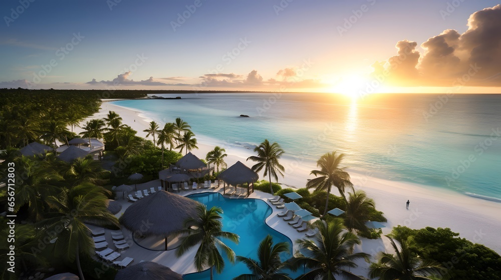 Panoramic aerial view of beautiful tropical beach and sea at sunset