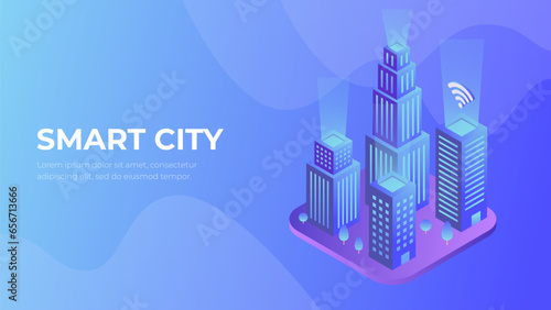 Smart city futurе 3d vector. Skyscrapers modern technology isometry. Urban innovation, digital communication technology, computer network. 