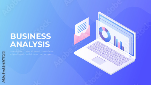 Business analysis vector. Financial strategy concept. Business development, audit future style. Laptop screen with graphs 3d isometry.