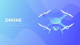 Drone in flight tecnology vector. Future 3d illustration. Military aerial technology isometry. Drone quadcopter monitoring. 