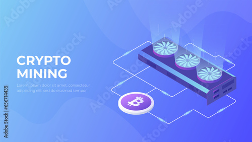 Cryptomining vector. 3d crypto farm modern illustration. Digital internet technology concept. Crypto currency mining concept dollar coin. Blockchain composition.