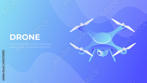Drone in flight tecnology vector. Future 3d illustration. Military aerial technology isometry. Drone quadcopter monitoring. 