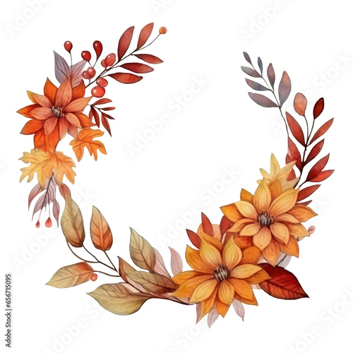 Round frame of autumn flowers and leaves in a watercolor style. Floral and leaves AI