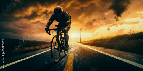 Close up of a road cyclist riding towards sunset
