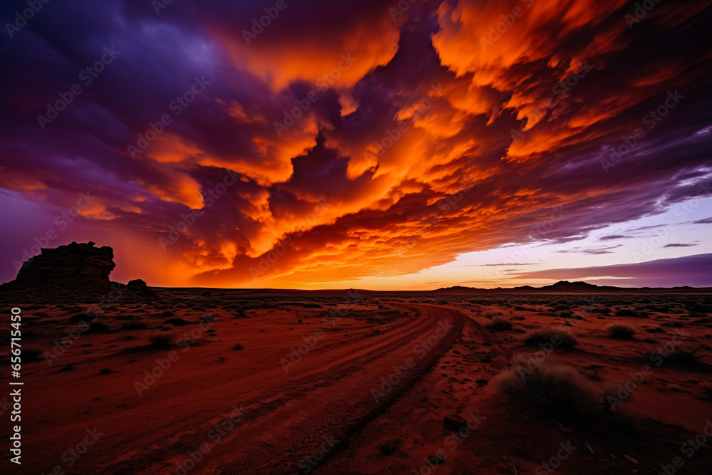 Rolling Desert Landscape Under Red Twilight Sky
