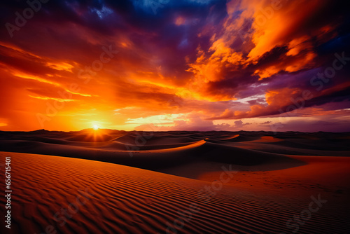 Panorama of dramatic sunset in the desert. Sand dunes against a beautiful sky