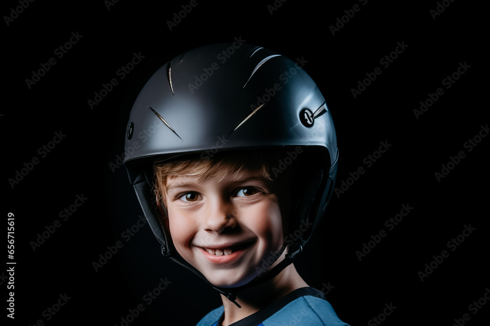 A boy smiling, he's wearing a helmet A boy smiling, he's wearing a helmet
