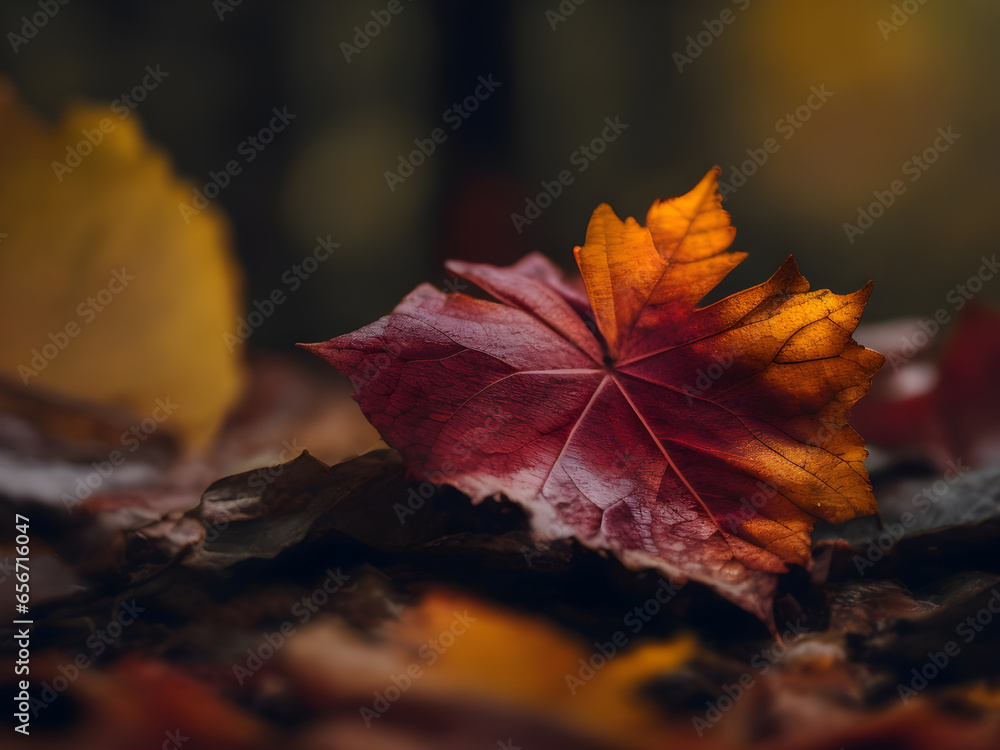 Autumn leaves in the forest at sunset. Selective focus background