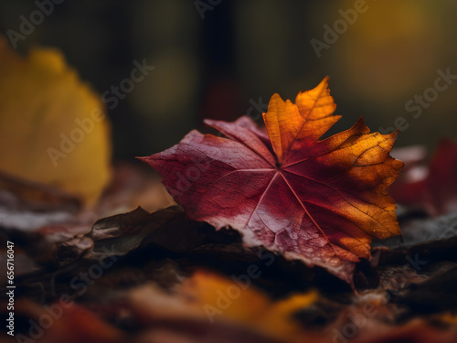 Autumn leaves in the forest at sunset. Selective focus background