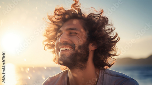 Portrait of a curly-haired man rejoicing as the wind tousles his hair photo