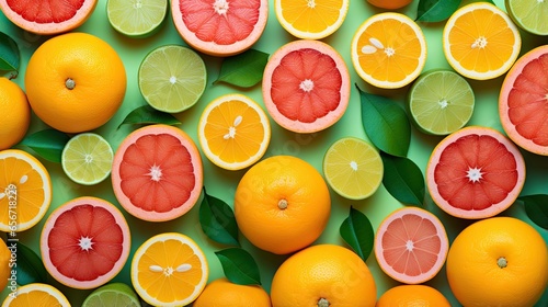  a group of oranges and grapefruits cut in half.  generative ai