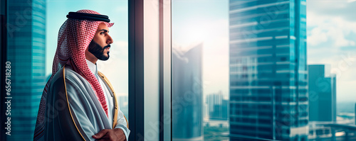 Successful saudi man wearing red scarf shemagh standing in his modern office looking out of the window photo