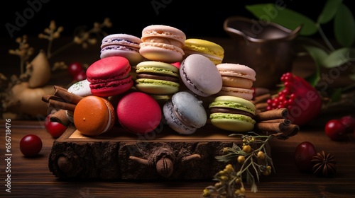  a pile of macaroons sitting on top of a wooden table.  generative ai