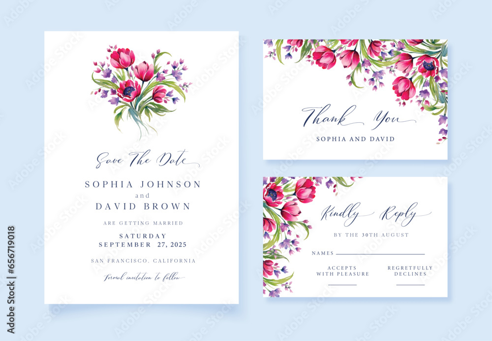 Watercolor Wedding invitation with wild flowers, thank you and rsvp cards, vector template.