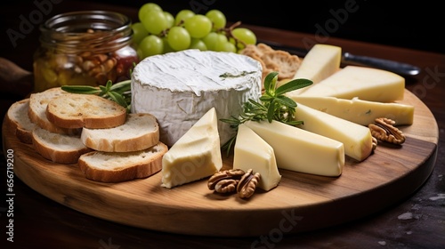  a cheese board with bread, grapes, nuts, and cheese.  generative ai