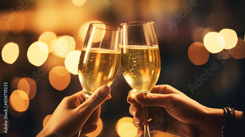 Two hands with glasses of champagne wine clink against blurred golden lights. Festive background and celebration concept. ai generative