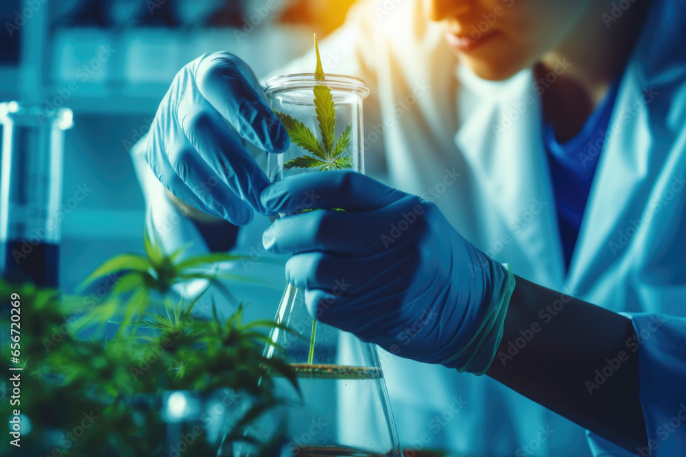 medical scientists research hemp with cannabis leaves in green lab - obrazy, fototapety, plakaty 