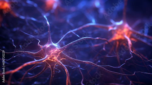 Conceptual illustration of neuron cells with glowing link knots in abstract dark space. ai generative