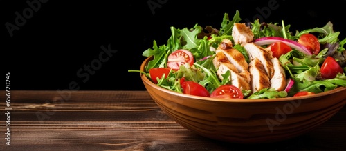 Healthy chicken and mixed greens salad on a wooden background with copyspace for text