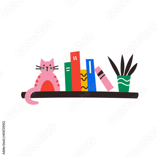 Vector illustration of cute cat sitting on a bookshelf. Modern design with simple shapes and bold colors.