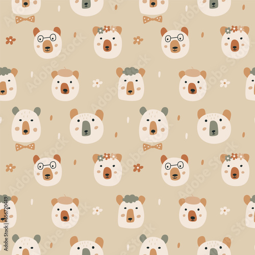 Seamless pattern with cute little bears on brown background. Modern design for fabric and paper, surface textures. 