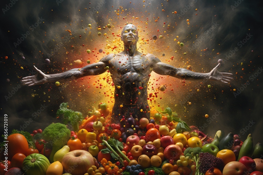 Nutrient-Rich Choices: Fruits and Vegetables Sustaining Health, Boosting Metabolism, Balanced Diet, Fitness Focus, Essential Vitamins, Digestive Wellness, Nutritional Supplements. Generative AI.