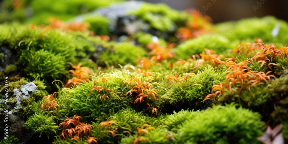 Lush green mossy forest with old tree log background. Generative AI Lush green mossy forest with old tree log background. Generative AI