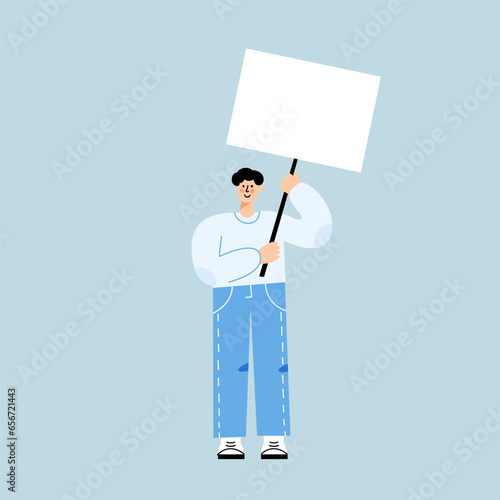 Vector flat illustration with young man holding sign on stick above his head. Man with blank white banner for advertising. Flat character isolated on blue background.
