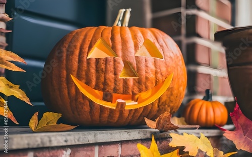 On the porch there is a huge pumpkin with a pleasant, kind carved face. Holidays, Halloween photo