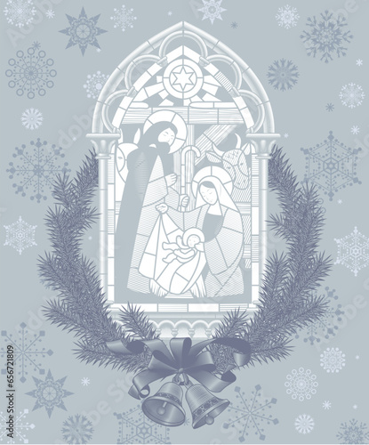 Linear drawing of the scene of the birth of Jesus Christ in a classic Gothic frame framed by spruce branches with bells in light gray and blue subdued colors on snowflakes background