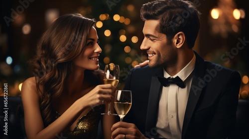 Well-dressed smiling young adult couple in a luxury restaurant, celebrating the new year, toasting with a glass of champagne in hand. Generative AI