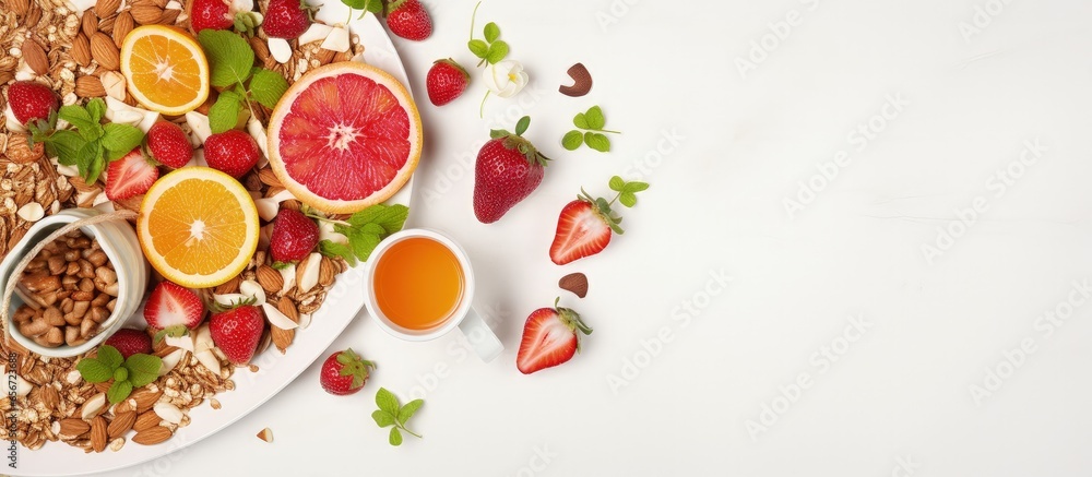 Healthy breakfast concept with muesli fruit salad orange juice nuts on a white background with copyspace for text Healthy breakfast concept with muesli fruit salad orange juice nuts on a white background with copyspace for text