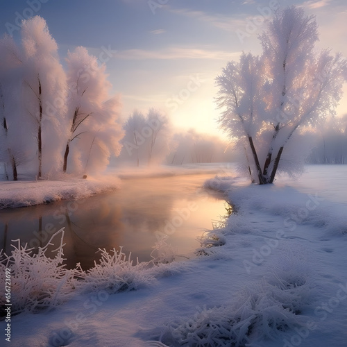 Winter morning in your hometown. capture the stillness of the morning, the silence of the snow, and the beauty of the frost-covered trees, Generated AI
