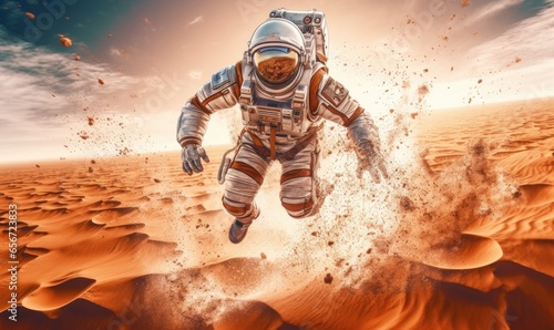 A determined astronaut sprints through the expansive desert, their feet pounding against the hard ground as they gaze up into the vast and infinite sky