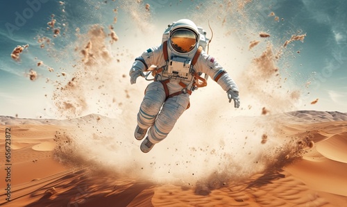A vibrant cartoon astronaut stands out against a vast sky  boldly exploring the unknown outdoors