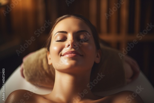 Young woman having face massage relaxing in spa salon.