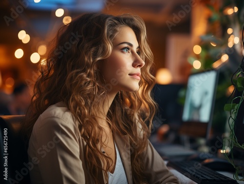 attractive young businesswoman working on her laptop while sitting in the office