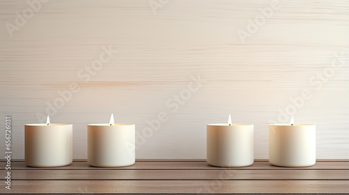  a row of white candles sitting on top of a wooden table. generative ai