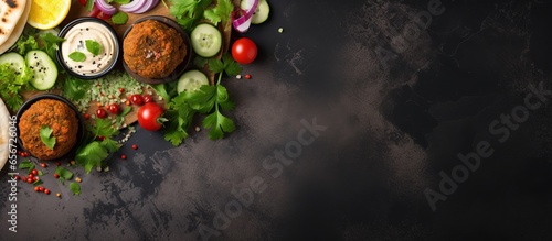 Middle eastern food including falafel hummus tabouleh and pita with vegetables viewed from above on a concrete background with copyspace for text