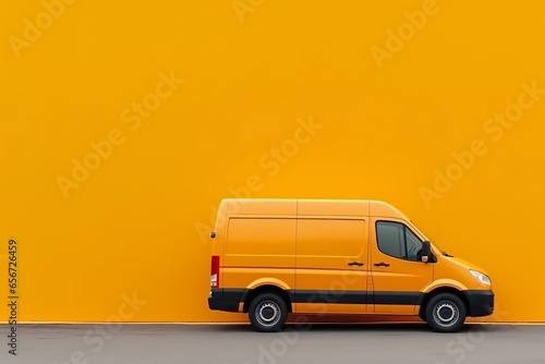 Yellow delivery van on the street against the background of a yellow wall. Copy space