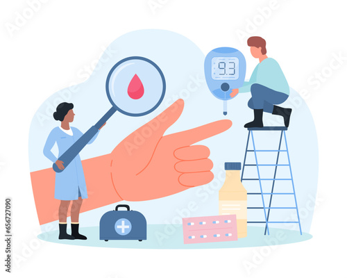 Medical control of diabetes disease, diagnosis and treatment vector illustration. Cartoon tiny people with magnifying glass and glucometer test blood drop from finger of patient for glucose levels