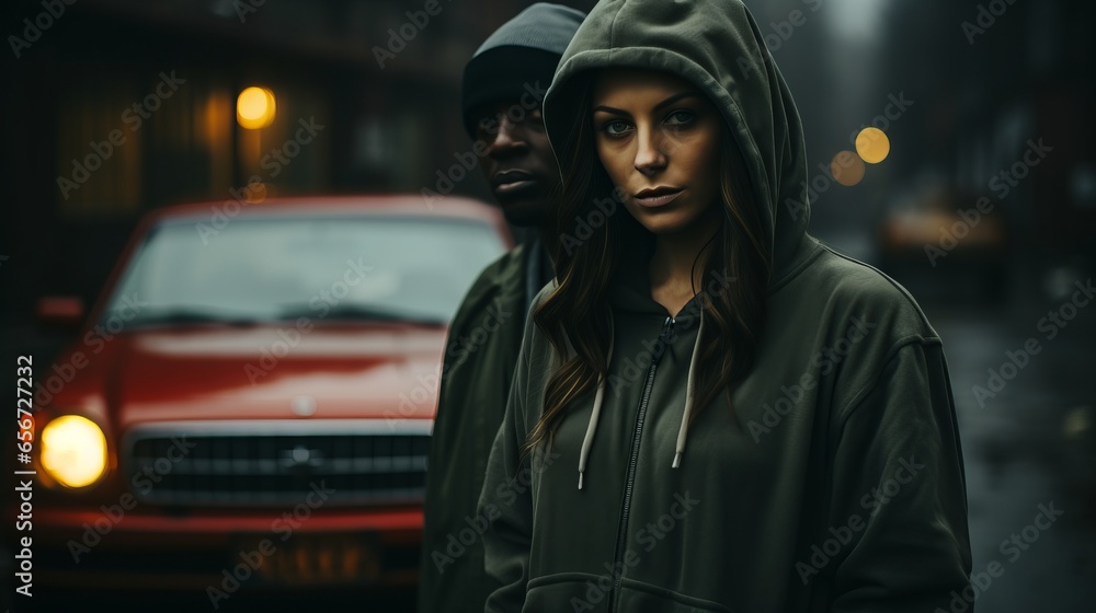 A married couple in love with a car in the background. Nice people smiling at each other A married couple in love with a car in the background. Nice people smiling at each other