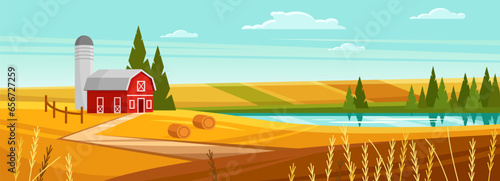 Farm house in village landscape vector illustration. Cartoon cute sunny rural scene with red barn and hangar tower, country road through yellow wheat fields with round haystacks, countryside farmland
