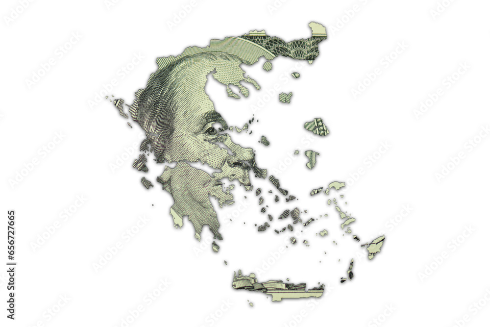 Obraz premium map of greece on a american dollar money texture on the white background. finance concept.