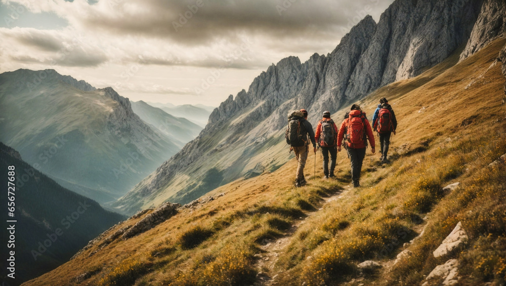 group of hiker friends climbing up a mountainside