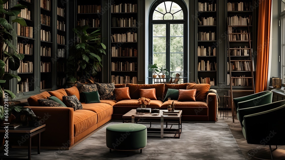 Orange Sofas in einer großen Bibliothek, Halloween Farbschema (Generative AI, KI)