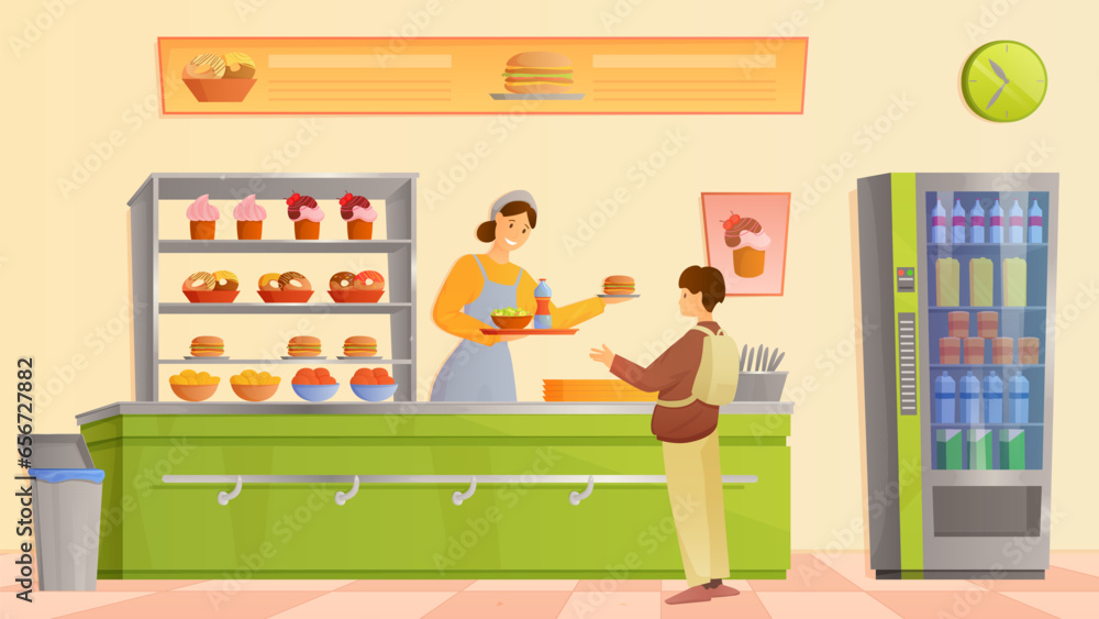 School canteen at lunch vector illustration. Cartoon woman behind counter holding tray with burger, salad and drink to give standing boy, foodcourt staff character serving food for hungry student