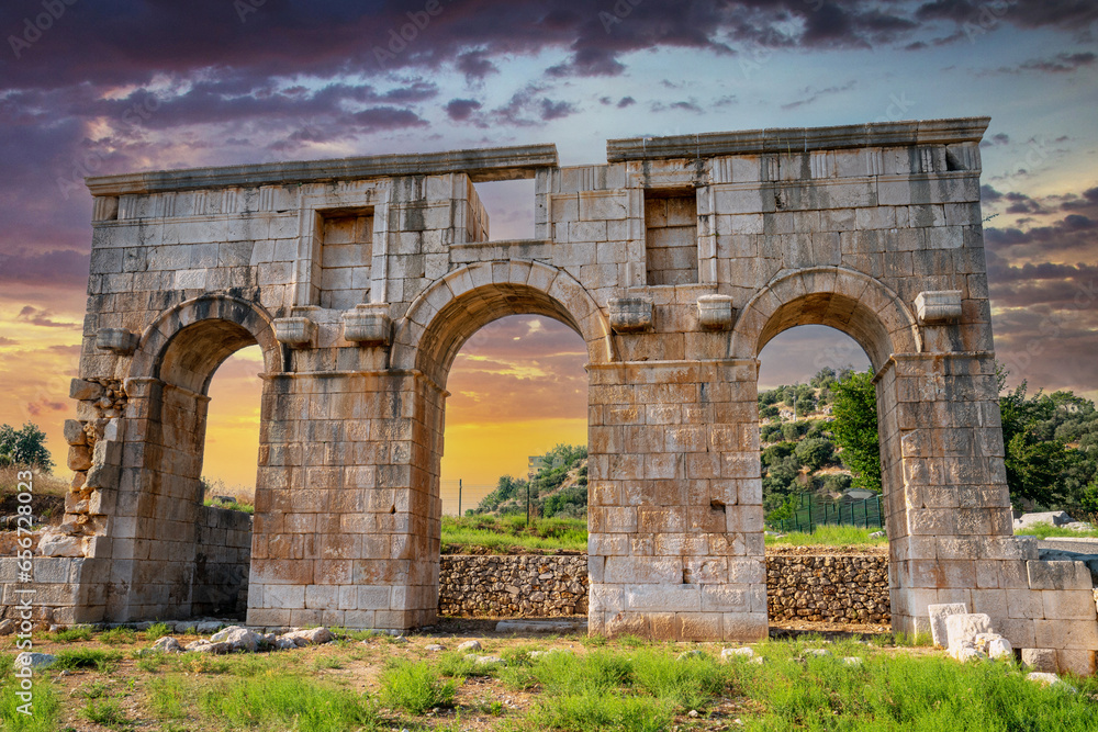 Patara (Pttra). Ruins of the ancient Lycian city Patara, Ancient city entrance door. Patara was at the Lycia (Lycian) League's capital. Antalya, TURKEY