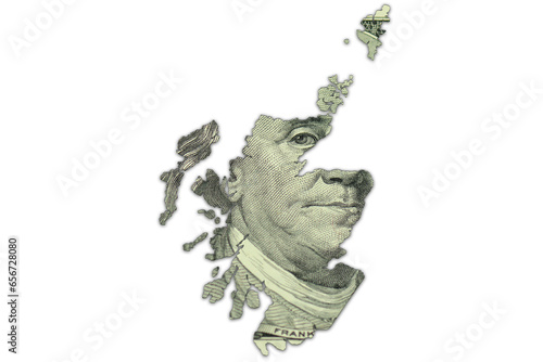 map of scotland on a american dollar money texture on the white background. finance concept. photo